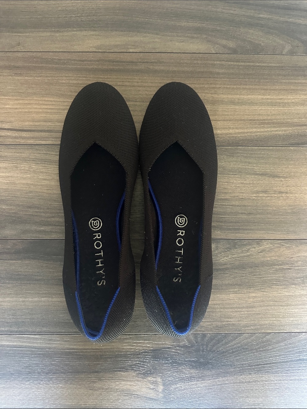 Rothy's Black Knit Slip-On Ballet Flats with Blue Trim